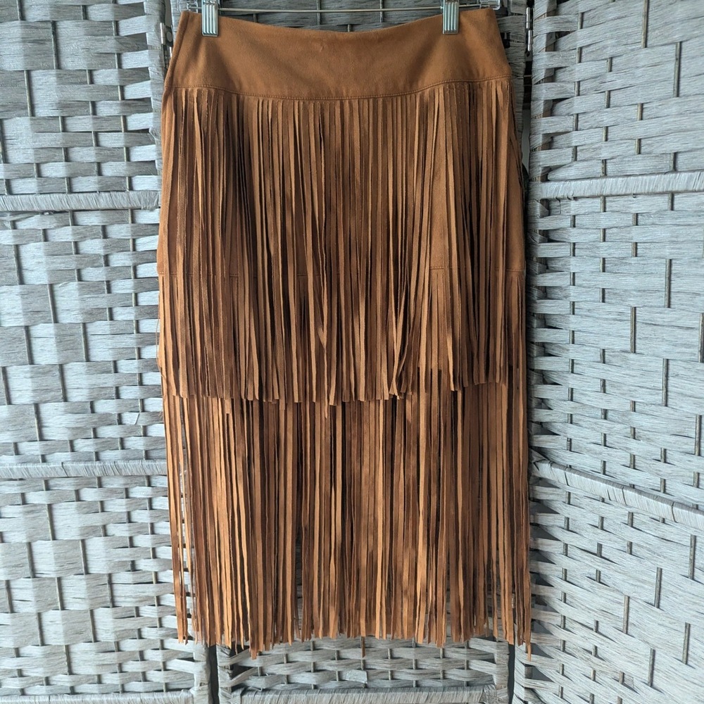 Blue Rain Francesca's Skirt‎ Brown Vegan Suede Tiered Fringe Sz S Boho Festival